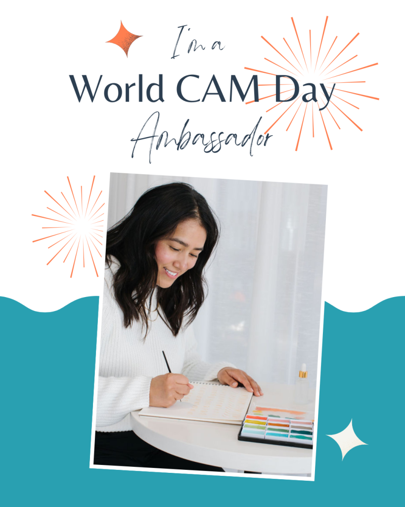 World Calligraphy as Meditation Day Ambassador Announcement. Shows Angie Mendez practicing watercolor calligraphy.